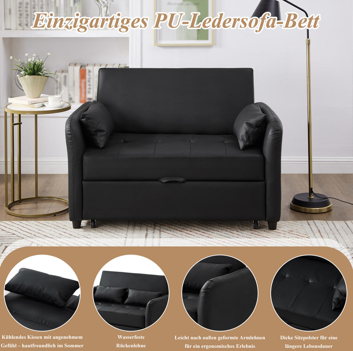SCHLAFSOFA PU-Bezug wasserabweisend und ausziehbar Antikschwarz 122/83/82 cm - Schwarz, Kunststoff (83/82/122cm) - Redom