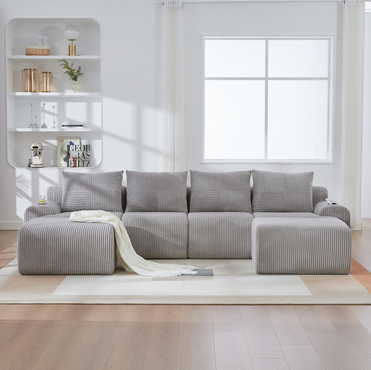 WOHNLANDSCHAFT modular 4-Sitzer mit 2 Hockern 333 x 174 cm Cord Hellgrau - Hellgrau, Kunststoff (174/80/333cm) - Meubliv
