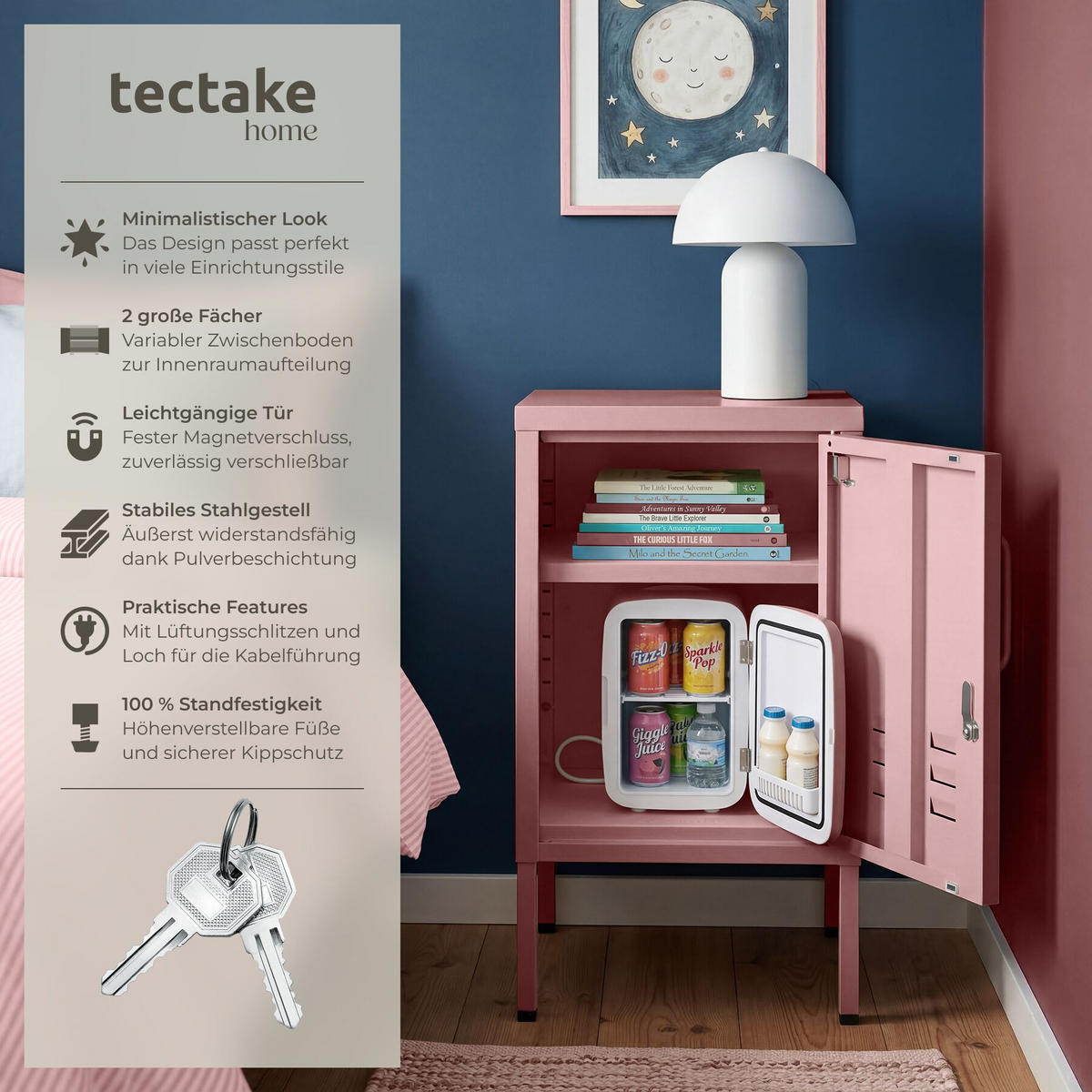NACHTSCHRANK Baker, Kippschutz, höhenverstellbare Füße, rosa - Rosa, Metall (35/60.5/42.5cm) - tectake