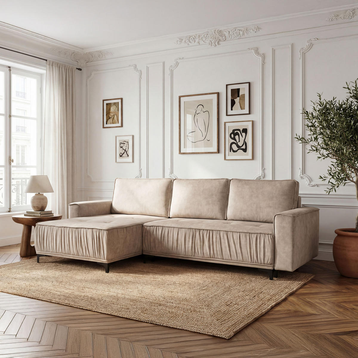 ECKSOFA Velora mit Schlaffunktion & Stauraum, Universell Rechts/Links, Beige Samt 270/92/150 cm - Beige/Schwarz, Textil/Metall (270/150cm) - WFL GROUP