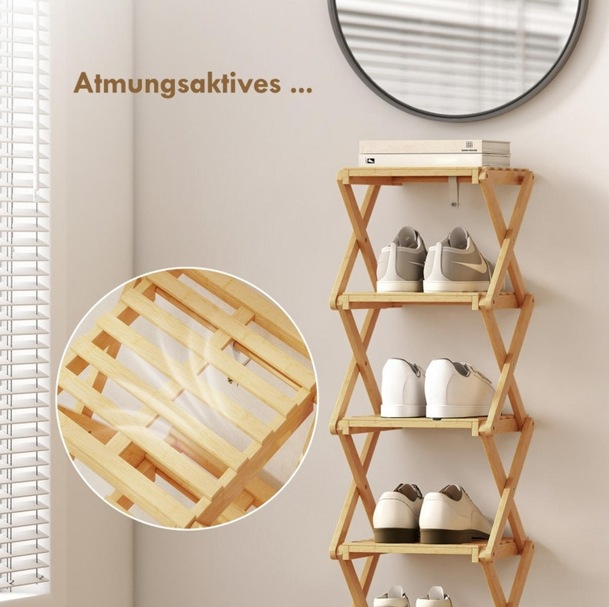 SCHUHREGAL aus Bambus 30x29x108 cm Natur klappbar mit 6 Ebenen und platzsparendem Design - Naturfarben, Naturmaterialen (30/108/29cm) - Modfu