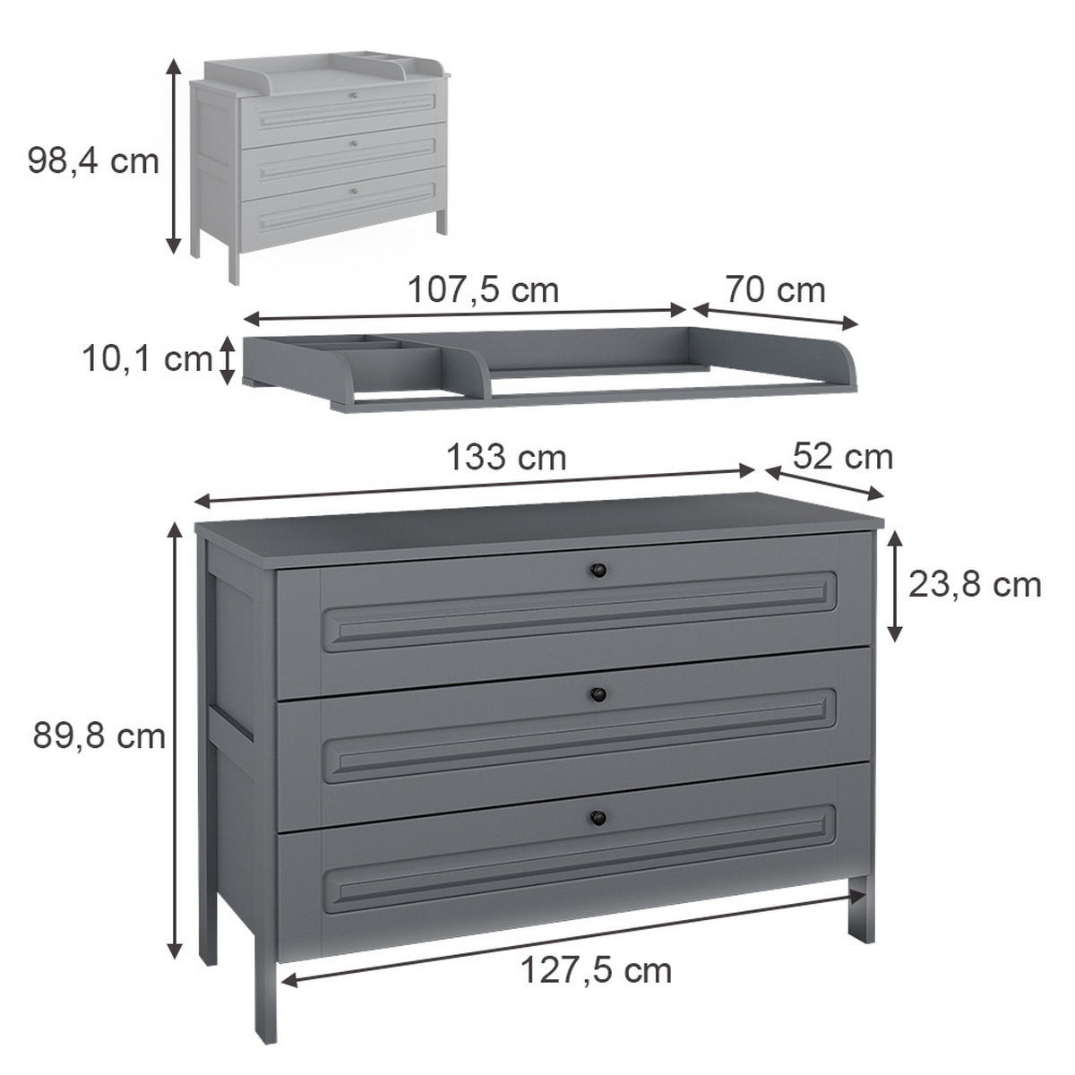 WICKELKOMMODE Ajaton Grau 133 x 98.4 cm mit 3 Schubladen - Grau, Holzwerkstoff (133/98.4/70cm) - VitaliSpa