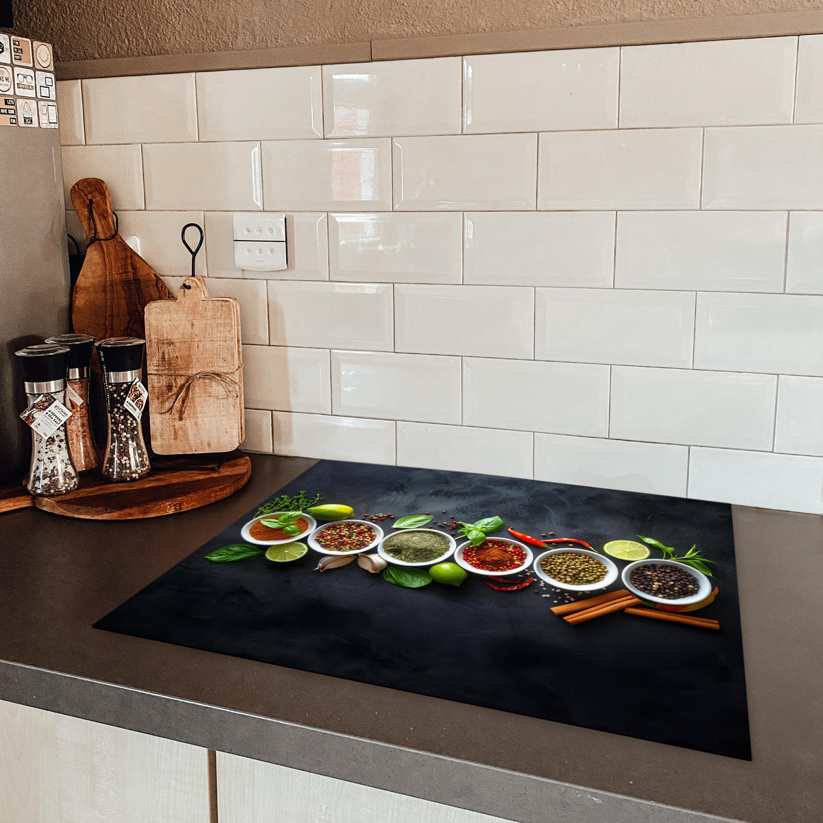 HERDABDECKPLATTE Kräuter - Gewürze - Konkrete Optik - Stilleben Herdabdeckung Induktionsfeld 65x52 cm - Multicolor, Kunststoff (65/52/0.2cm) - MuchoWow