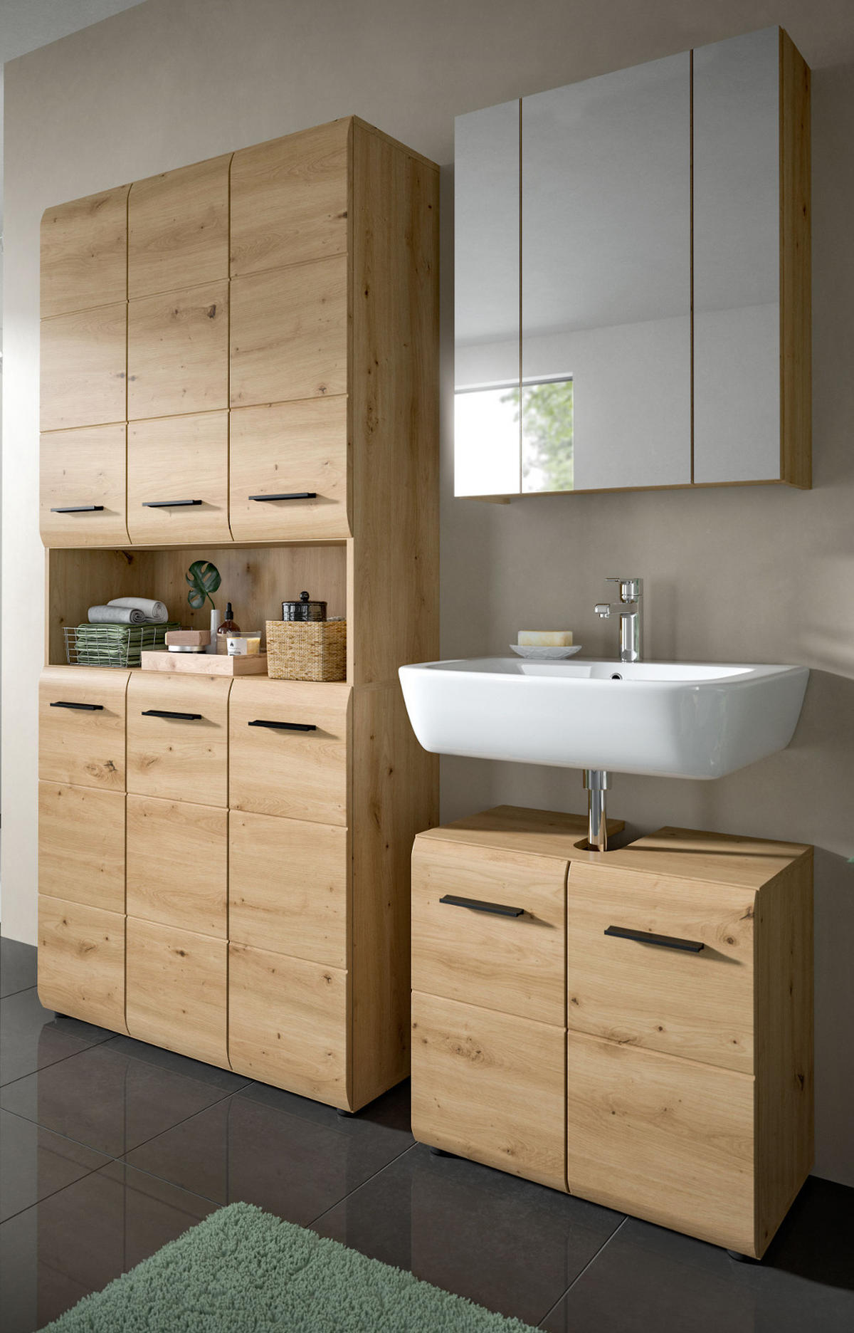 BADMÖBEL-SET 3-teilig in Artisan Eiche, Badkombination 165 x 185 cm, Cover - Eichefarben/Schwarz, Glas/Holzwerkstoff (165/185/30cm) - Inn.Furn