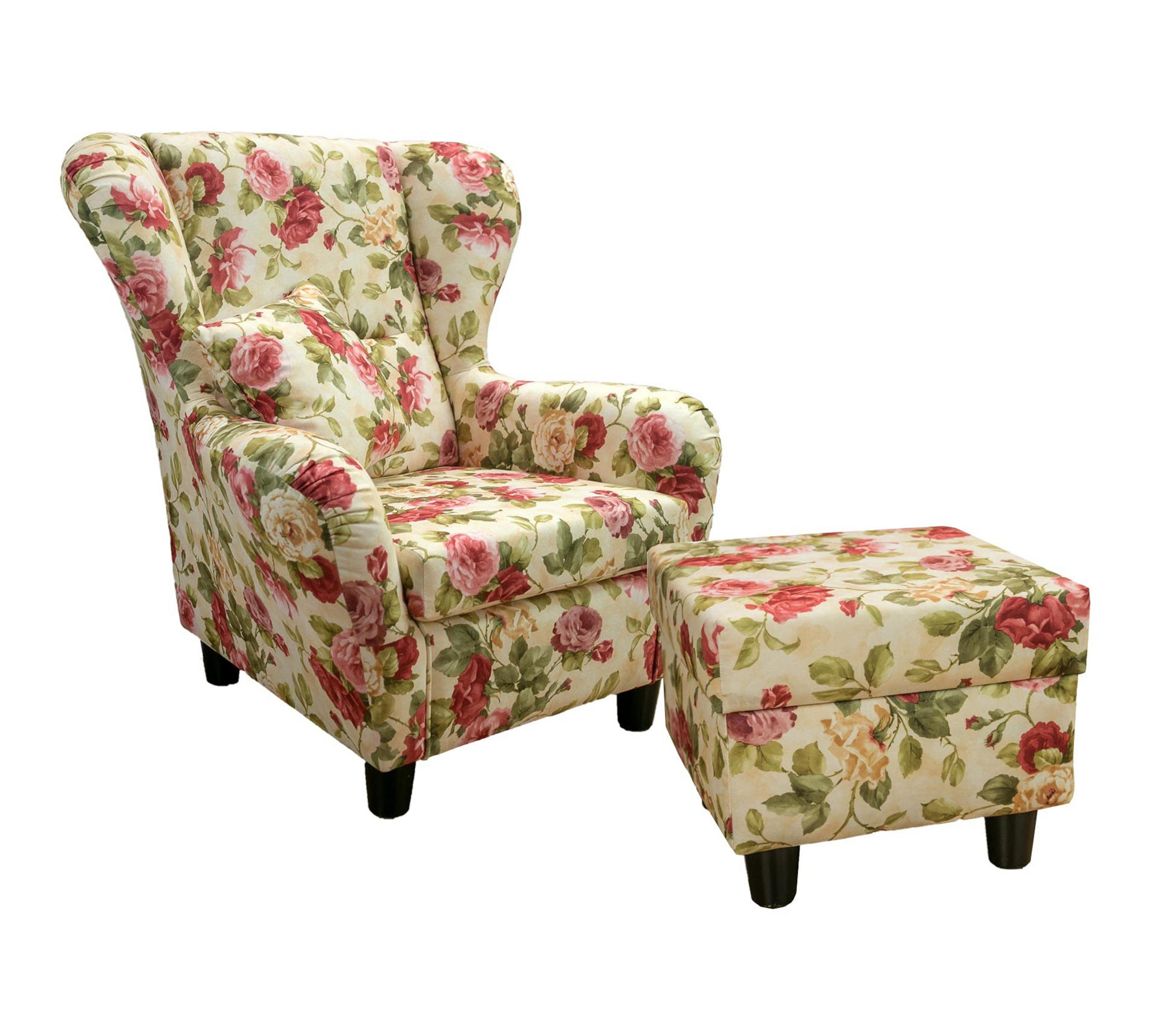 OHRENSESSEL mit HOCKER, hoher Sitzkomfort durch Wellenunterfederung B90/H98/T76 cm, Webstoff Blumenmuster bunt / 18004 - Beige/Multicolor, Holz/Textil (90/98/76cm) - luma-home