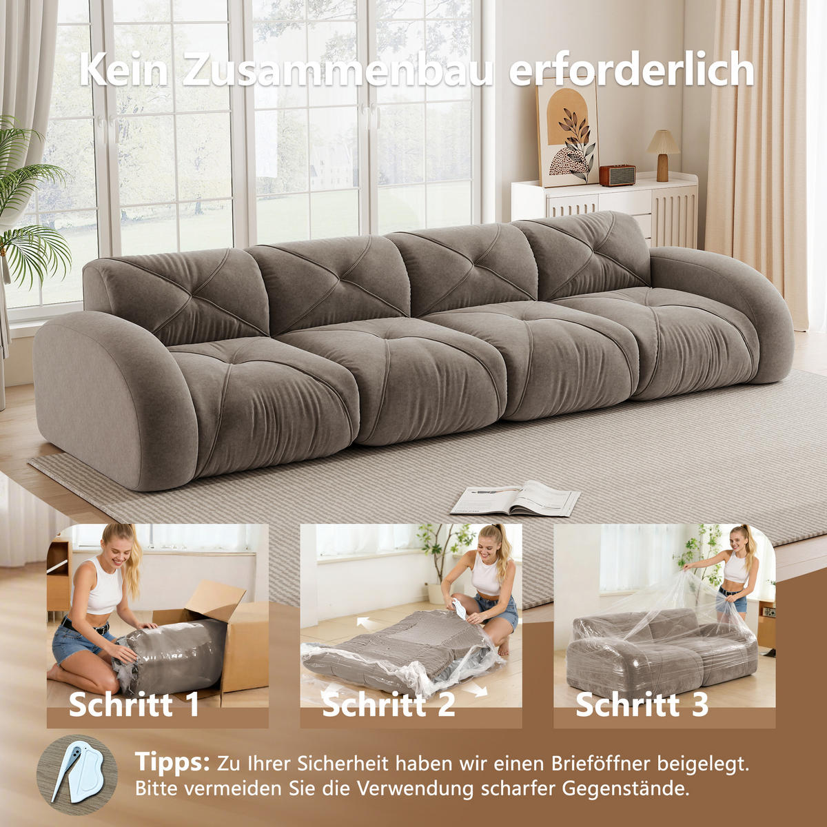 4-SITZER SOFA Chenille Taupe - Braun, Textil (358/76/95cm) - WISHDOR