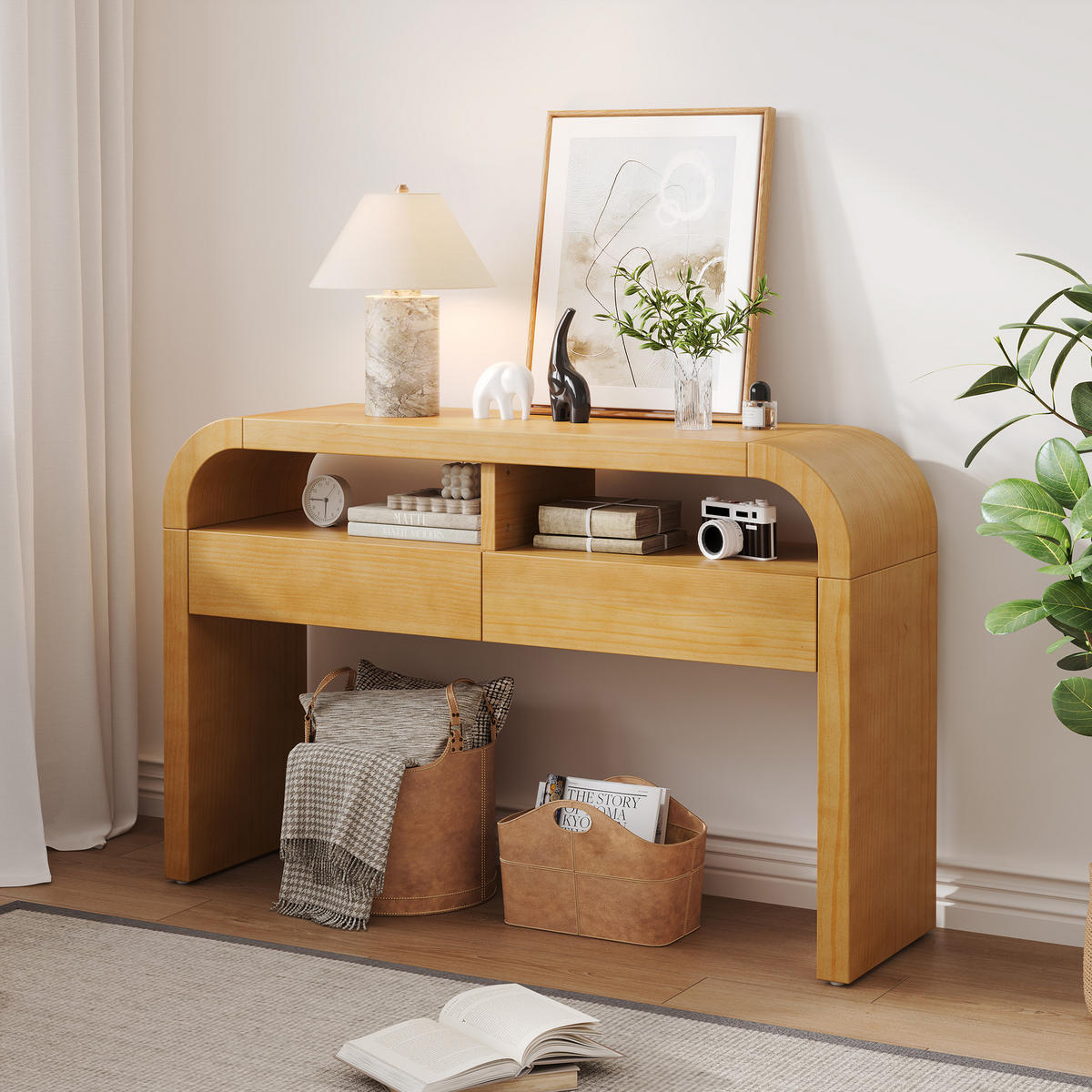 KONSOLENTISCH 120/35,5/76,5 cm natur aus MDF mit 2 Schubladen und verstellbaren Stellfüßen - Naturfarben, Holzwerkstoff (120/35.5/76.5cm) - OKWISH