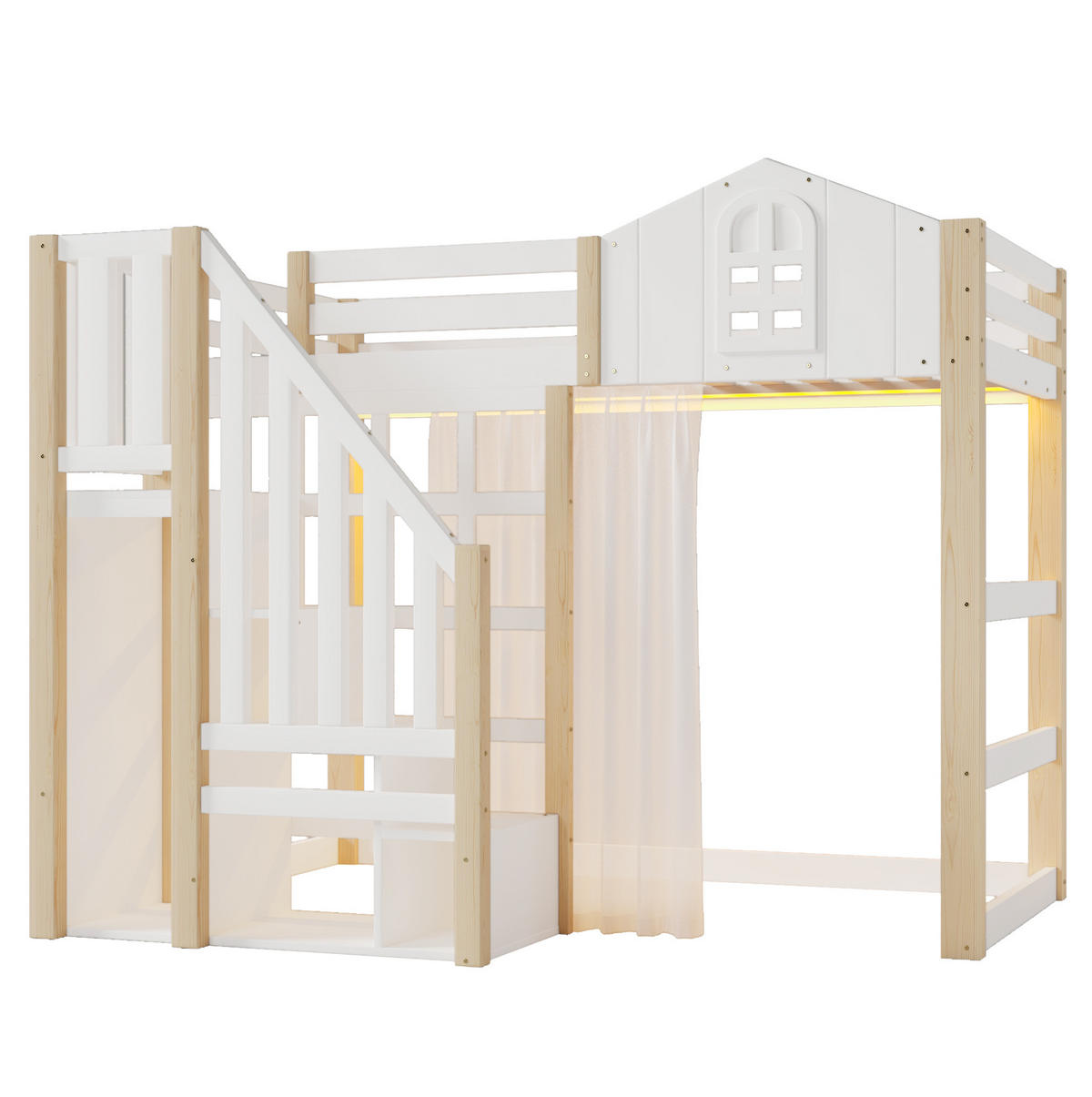 VISOKA postelja 90/200 cm bela/naravna z LED-osvetlitvijo iz bora in MDF z lestvijo za shranjevanje in zaveso - bela, les (90/200cm) - OKWISH