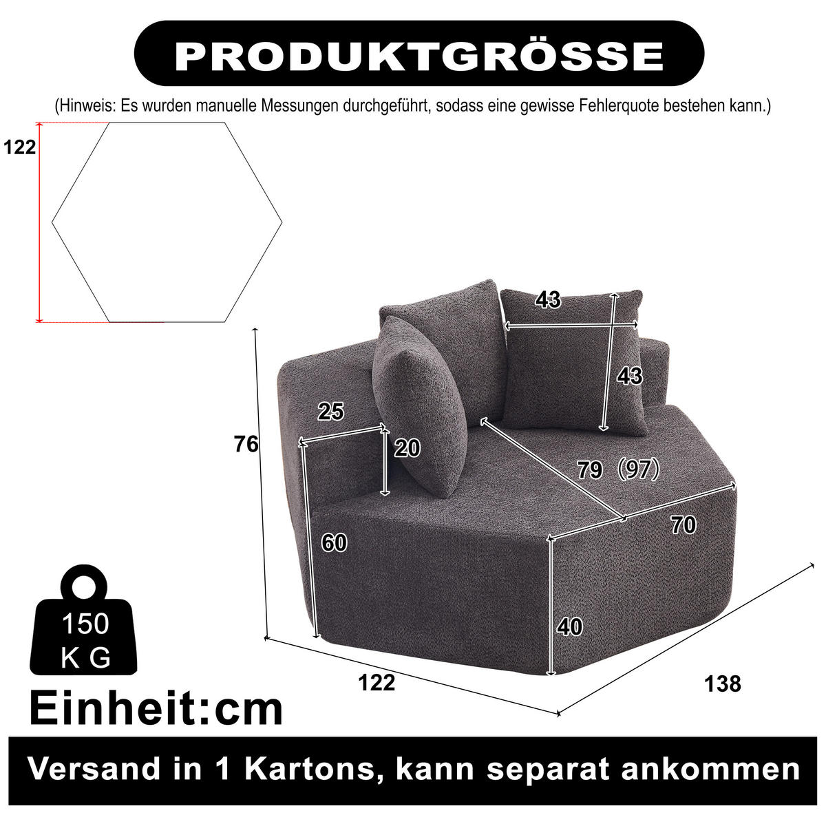 SESSEL DE-34513 sechseckig mit 3 Kissen Grau - Grau, Textil (122/76/138cm) - ComfortXL