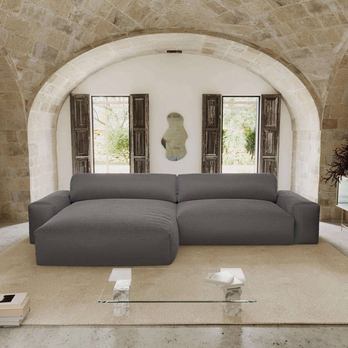 ECKSOFA LINKS Gerippter Samt Anthrazitgrau 310cm - Dunkelgrau/Anthrazit, Textil (174/310cm) - Sia Home