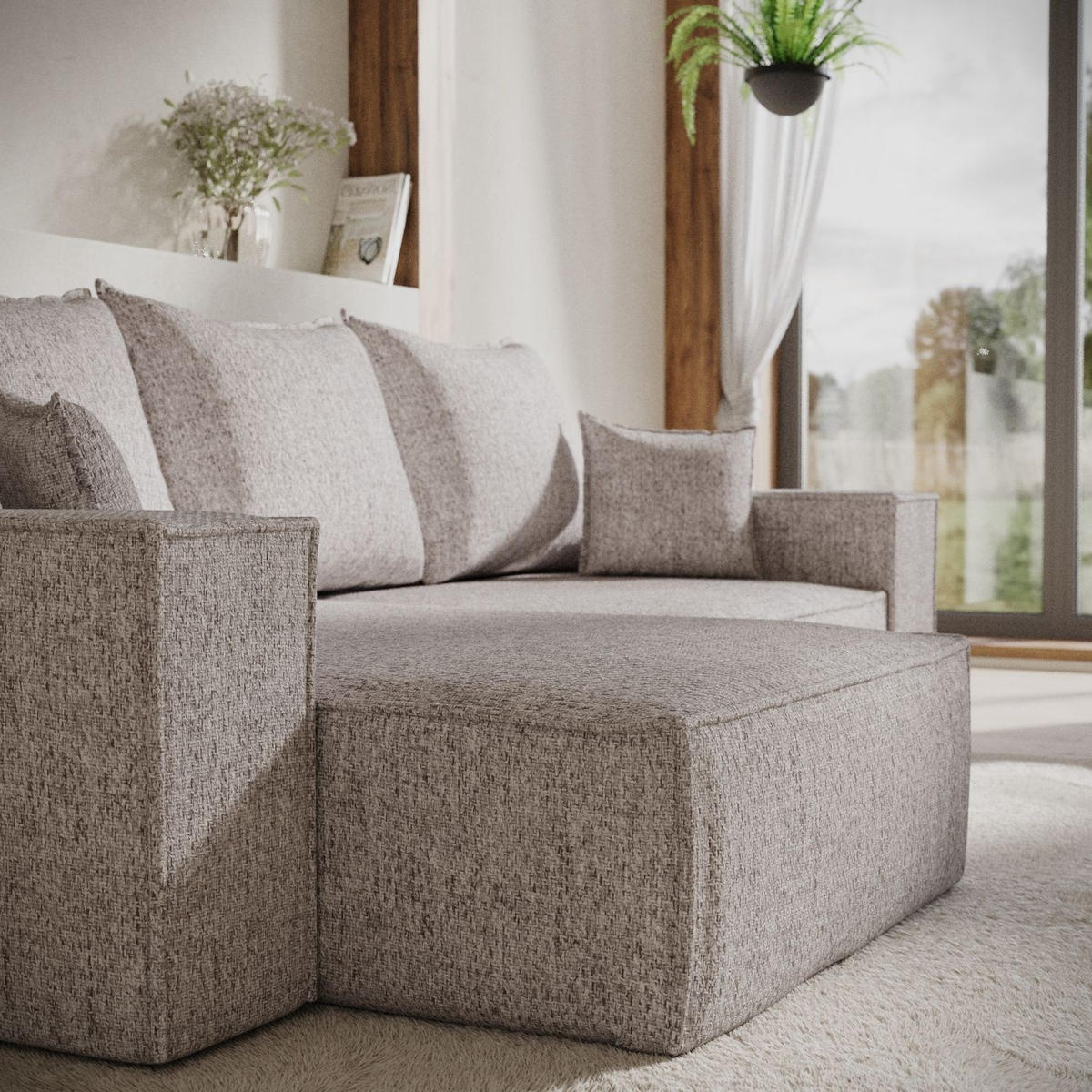 ECKSOFA SENSO mit Schlaffunktion Beige im Neve Stoff - Beige/Schwarz, Holz/Holzwerkstoff (255/148cm) - AltaBeds