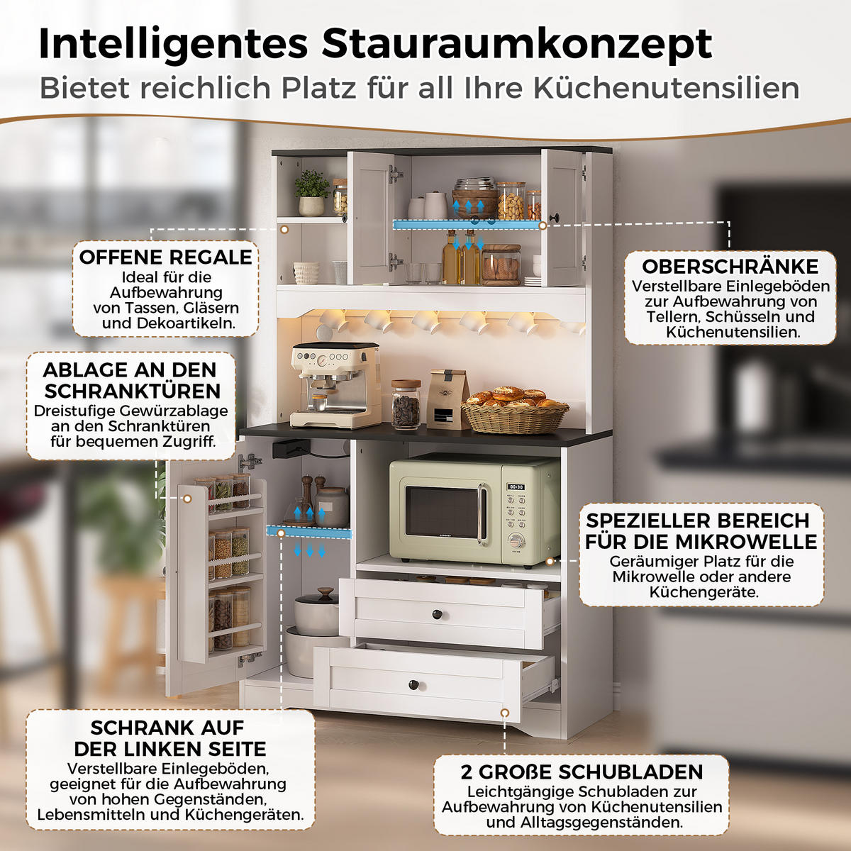 BUFFET DE-38741 100/40/163 cm LED-Beleuchtung und Mikrowellenfach Weiß - Weiß, Holzwerkstoff (100/163/40cm) - ComfortXL