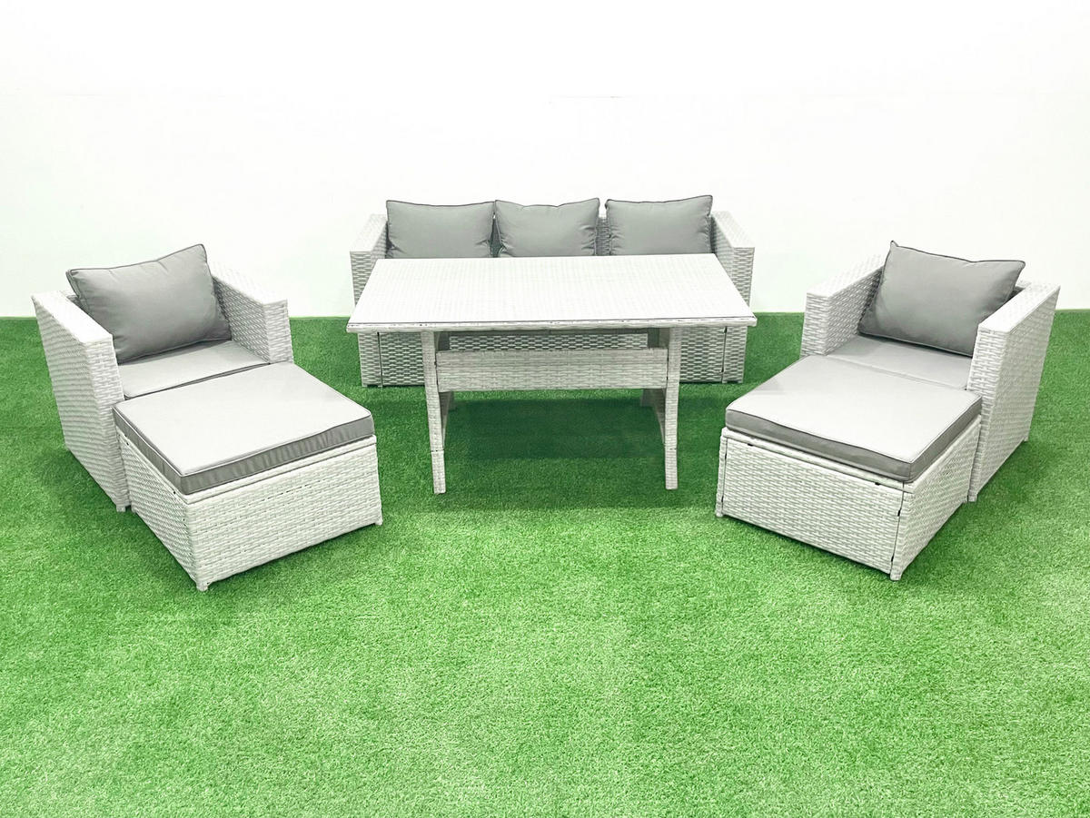 GARTENMÖBEL SET mit Sofa,2 Großer Hockern Polyrattan Hellgrau 7-Sitzer - Hellgrau/Grau, Glas/Kunststoff - Fimous