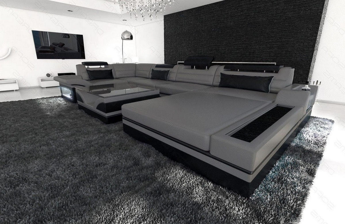 SOFA Mezzo U Grau Schwarz Büffelleder - Grau, Leder (372/78/214cm)