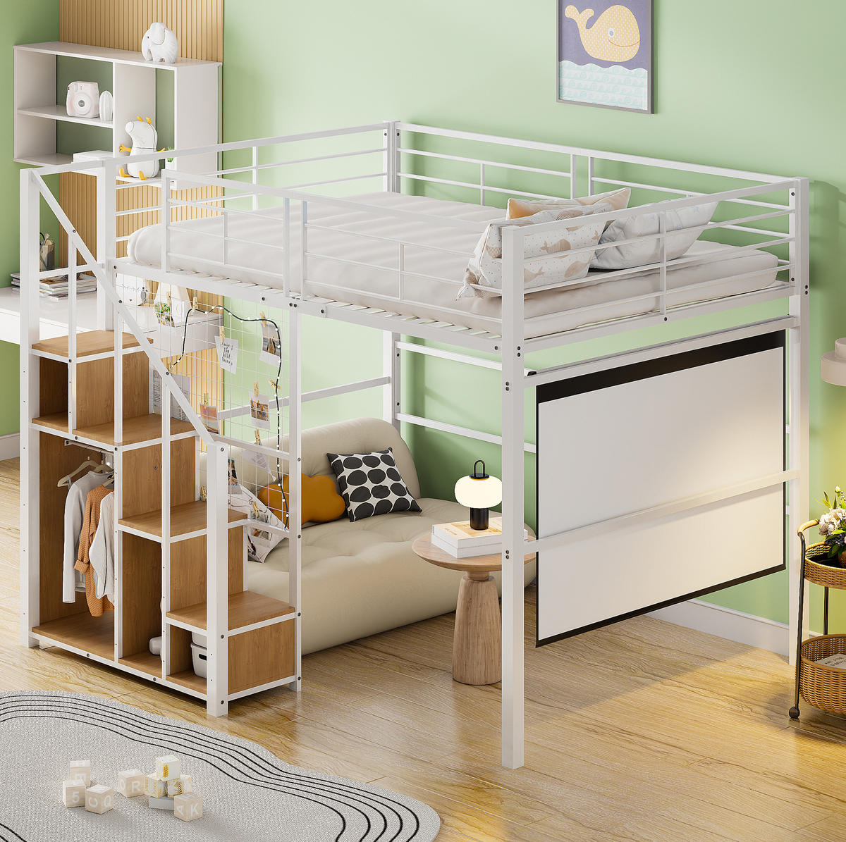 HOCHBETT 140/200 cm in Weiß – mit Stauraum, Treppe und Rausfallschutz - Weiß, Metall (140/200cm) - BEAOK