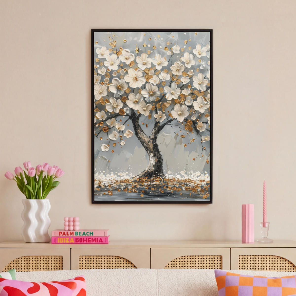 LEINWAND Bilder mit Rahmen - Baum - Blumen - Weiß - Natur - Kunst - 60x90 - Weiß, Textil (60/90cm) - MuchoWow