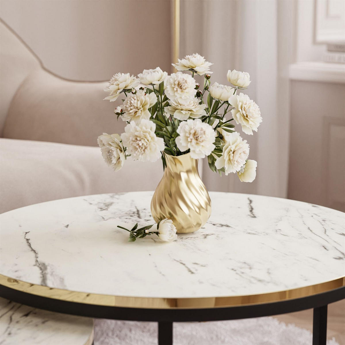 COUCHTISCH Set SOLEIL 2in1, rund, Weiß Marmor-Optik und Schwarz Gestell - Weiß, Holzwerkstoff (70/70/48cm) - Lookway