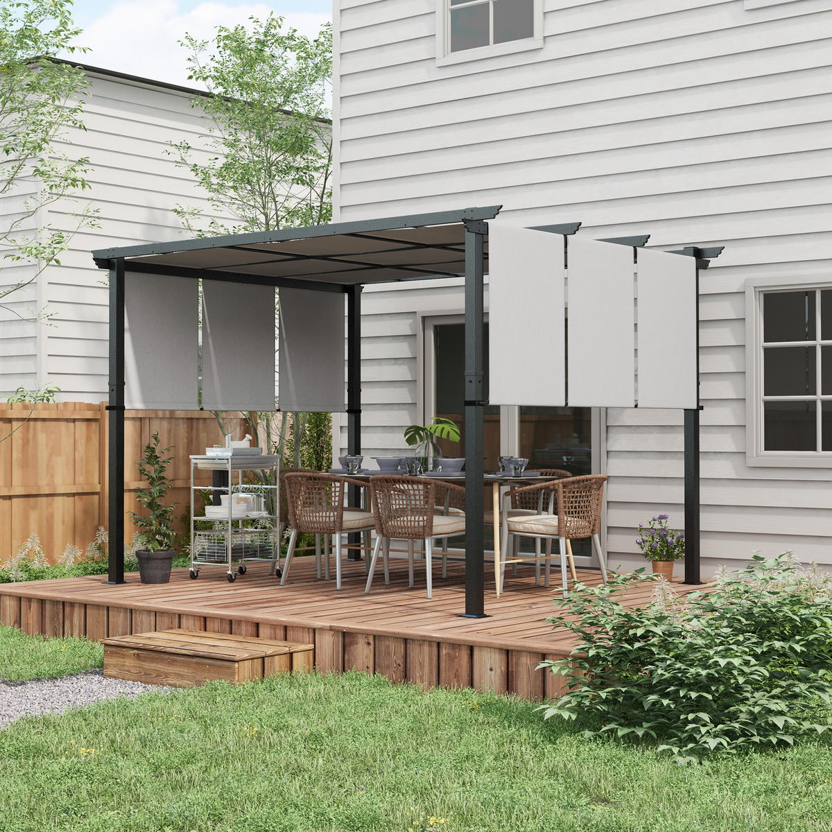 PERGOLA Stahl Polyester Hellgrau - Dunkelgrau/Hellgrau, Textil/Metall (296/235/357cm) - Outsunny