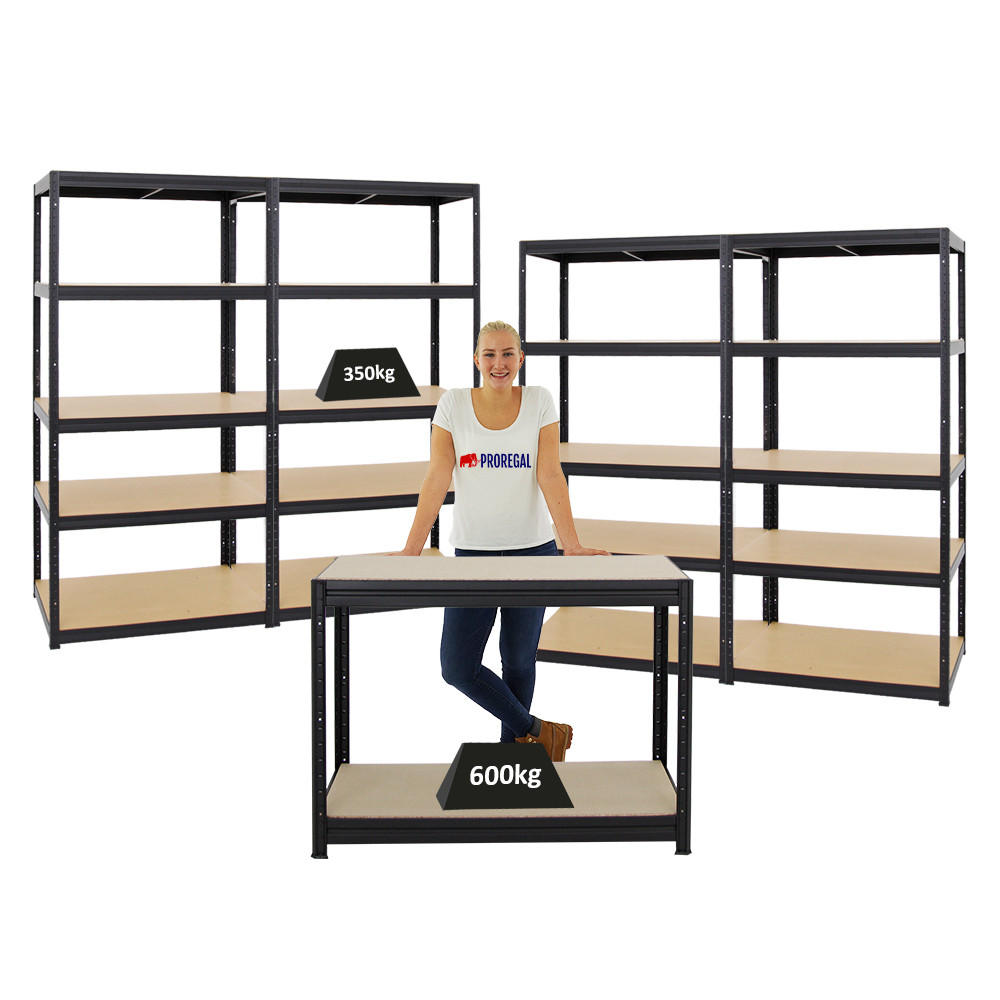 WERKBANK Slim Dino höhenverstellbar & 4x SCHWERLASTREGAL Slim Elephant M Set Fachlast bis zu 600 kg Schwarz - Schwarz, Metall (450/180/60cm) - PROREGAL