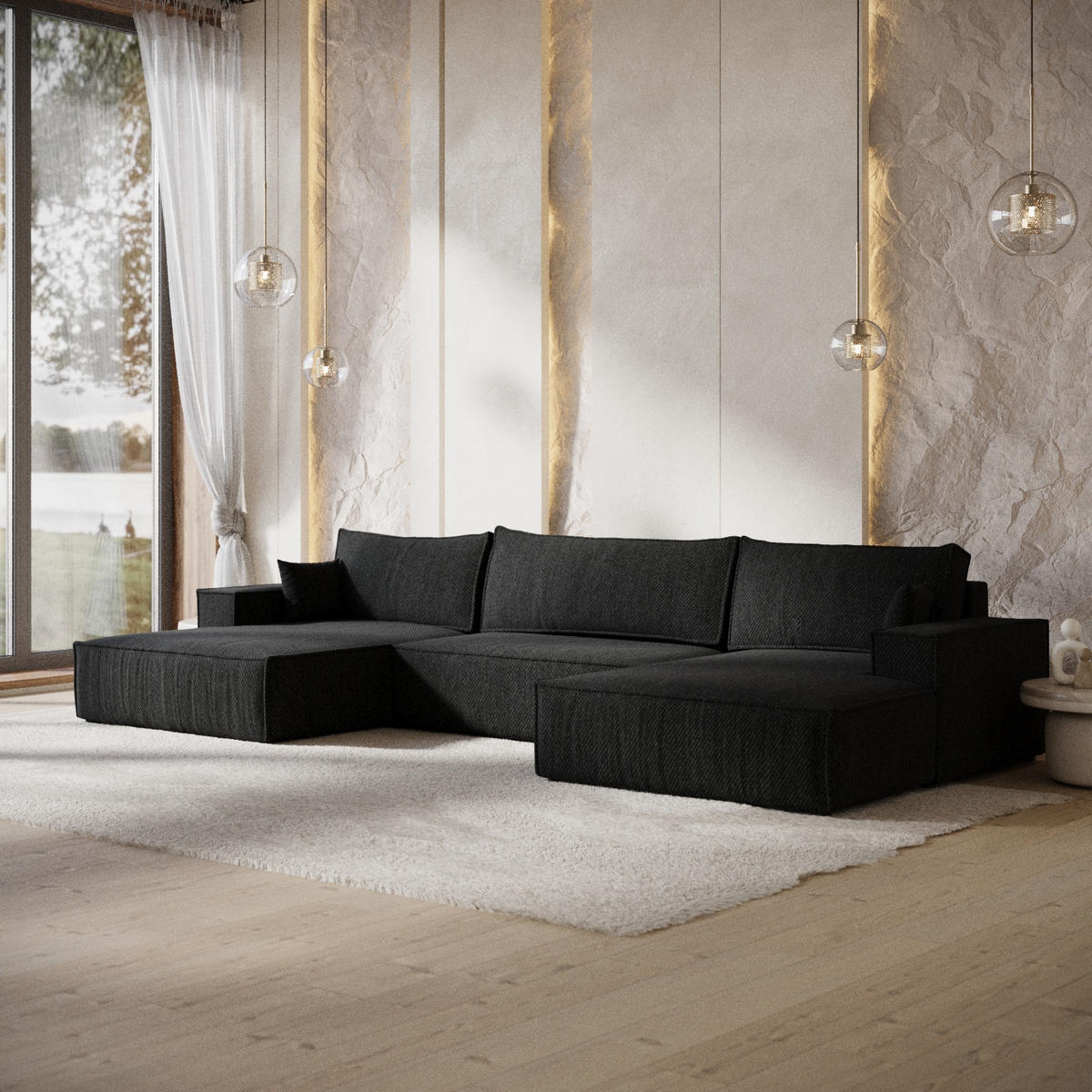 WOHNLANDSCHAFT NUBO mit Schlaffunktion Creme im Neve Stoff - Schwarz, Holz/Holzwerkstoff (398/70/148cm) - AltaBeds