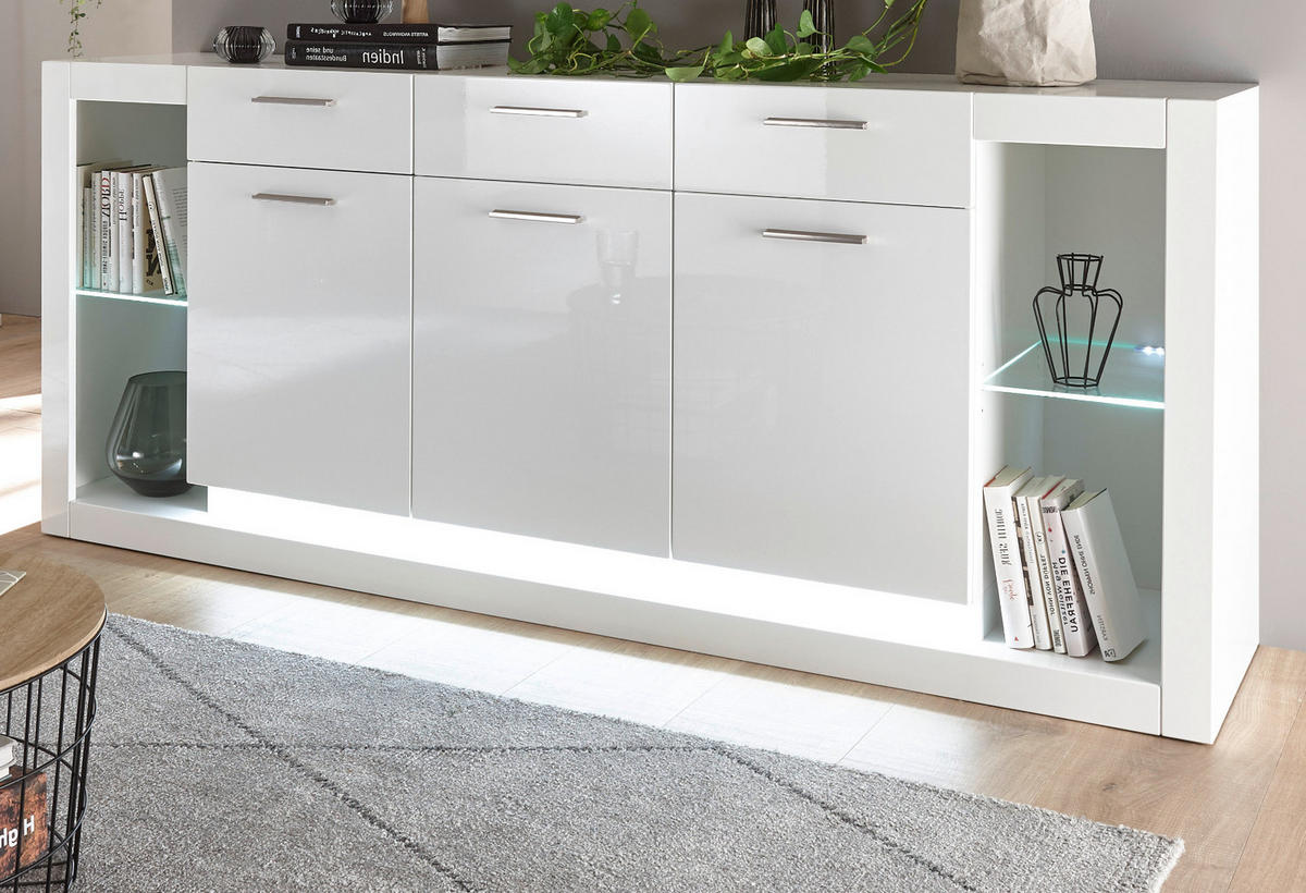 SIDEBOARD weiß Hochglanz 200 cm, große Anrichte mit viel Stauraum - Weiß Hochglanz/Silberfarben, Glas/Holzwerkstoff (198/83/43cm) - Furn.Design