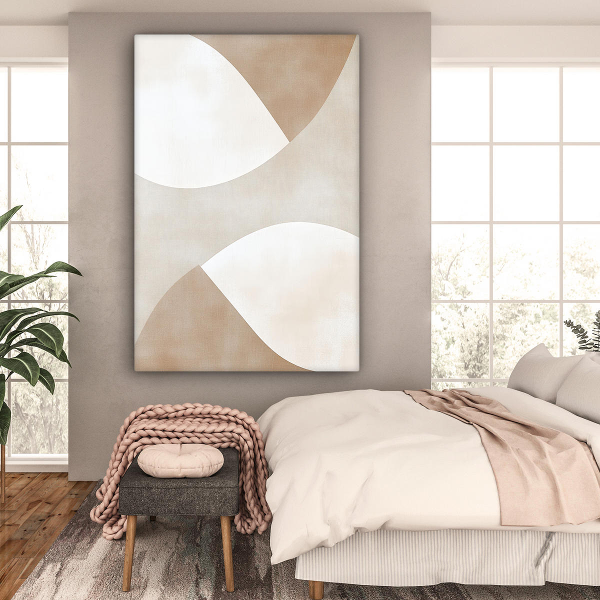 OBRAZ NA PLÁTNĚ Hnědá - Japonci - Abstrakt 90x140 cm - písková barva, textil (90/140cm) - MuchoWow