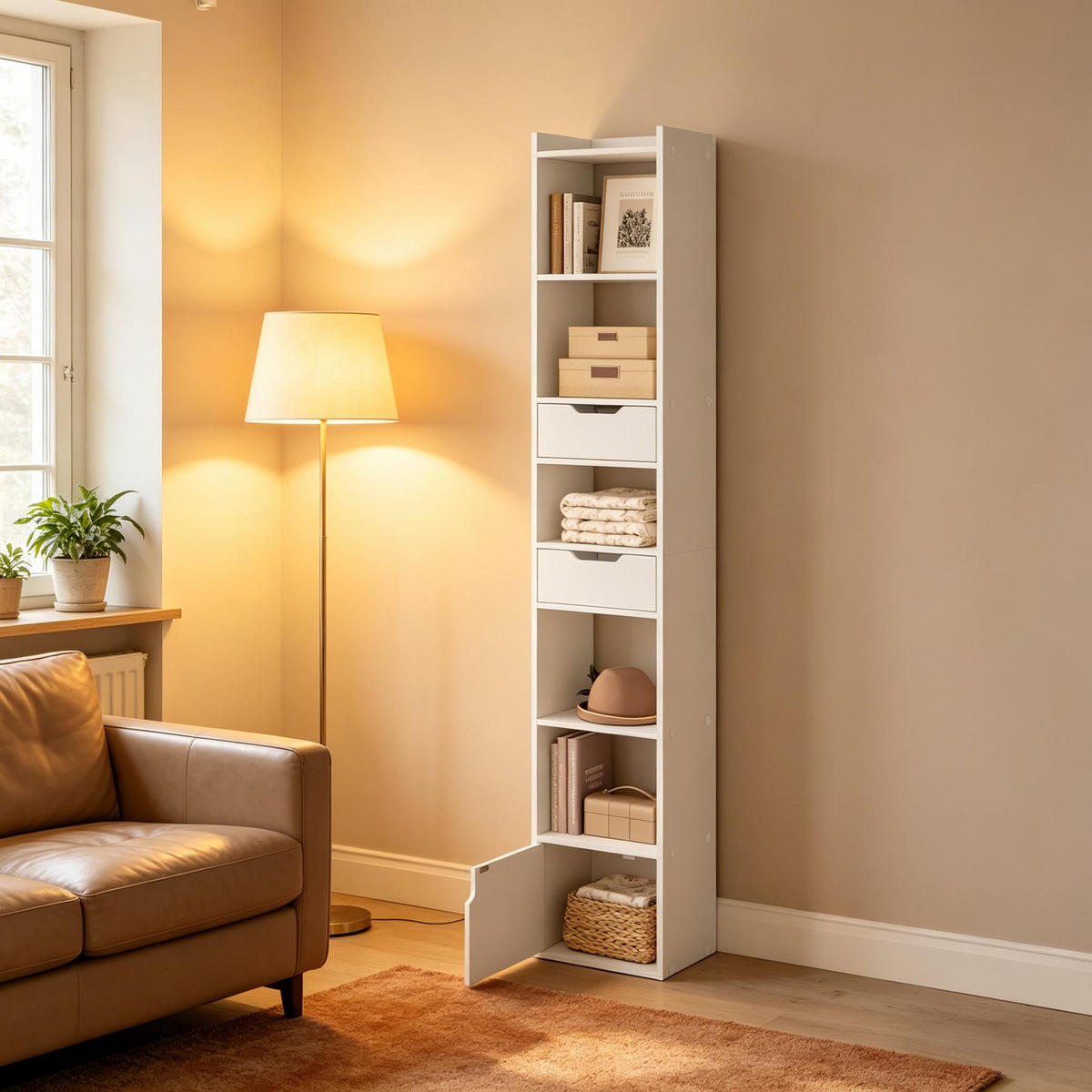 BÜCHERSCHRANK Weiß mit 2 Schubladen und 1 Tür 33/24/181 cm - Weiß, Holz (33/181/24cm) - PANGIVO