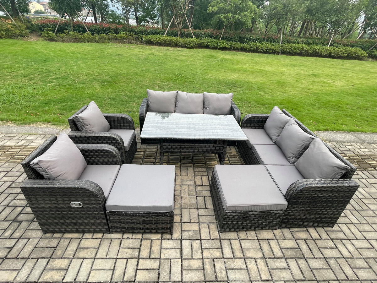 GARTENGARNITUR mit 3-Sitzer Sofa,2 Hockern Polyrattan Dunkelgrau 10-Sitzer - Dunkelgrau/Grau, Glas/Kunststoff - Fimous