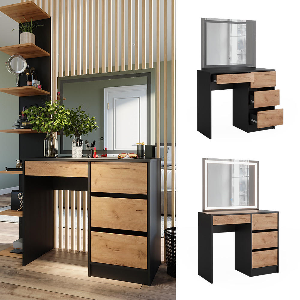 SCHMINKTISCH Sherry Anthrazit/Goldkraft Eiche 90 x 75 cm mit LED-Spiegel - Honigeiche/Anthrazit, Holzwerkstoff (90/75/40cm) - Vicco