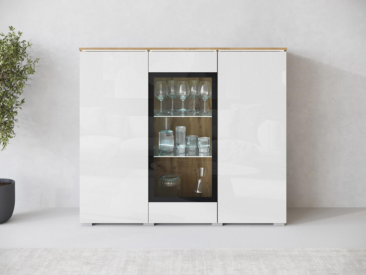 KOMMODE Vera 120 mit weißer LED Beleuchtung - Weiß Hochglanz/Silberfarben, Holzwerkstoff/Kunststoff (120/104/40cm) - MIRJAN24