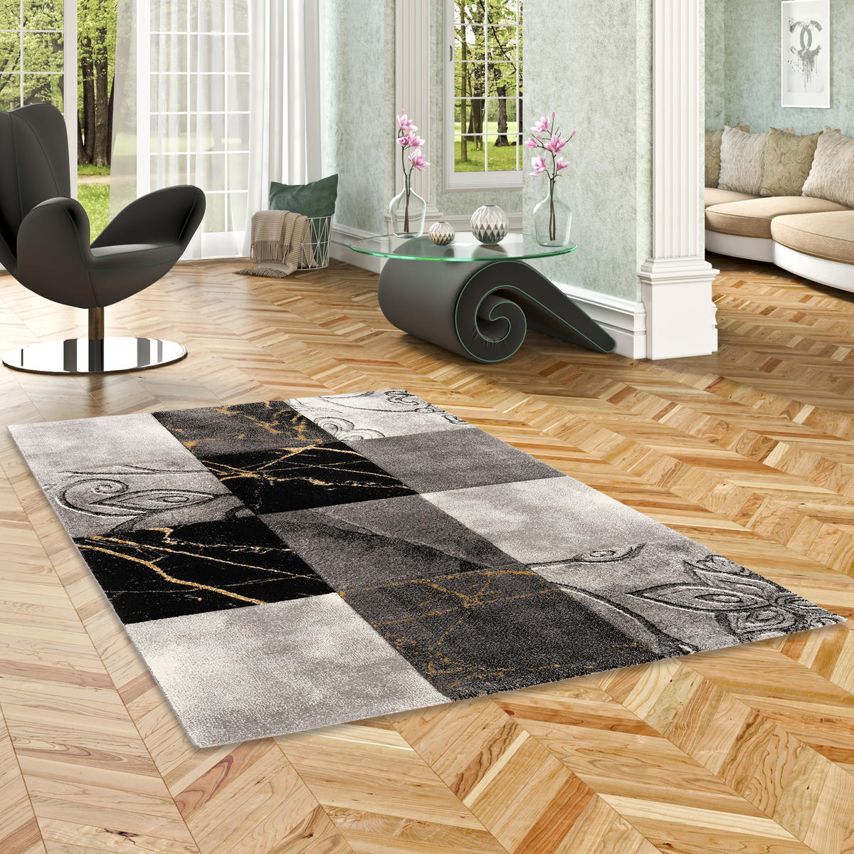 DESIGNER TEPPICH MAUI KARO BAROCK - Schwarz, Textil (120/170cm) - Pergamon
