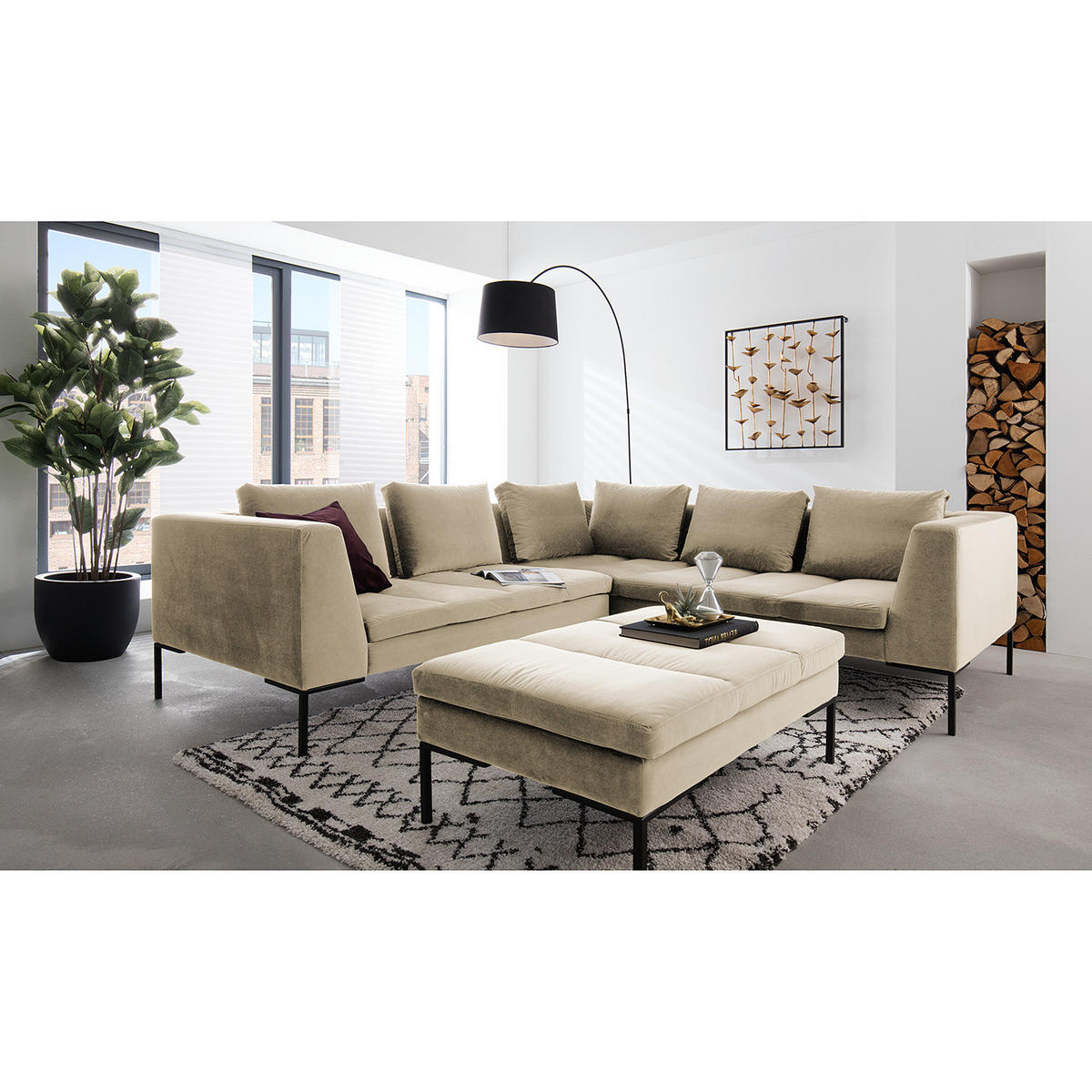 ECKSOFA mit Rundecke L - Samt - Chromfarben/Beige, Textil/Metall (255/238cm) - home24