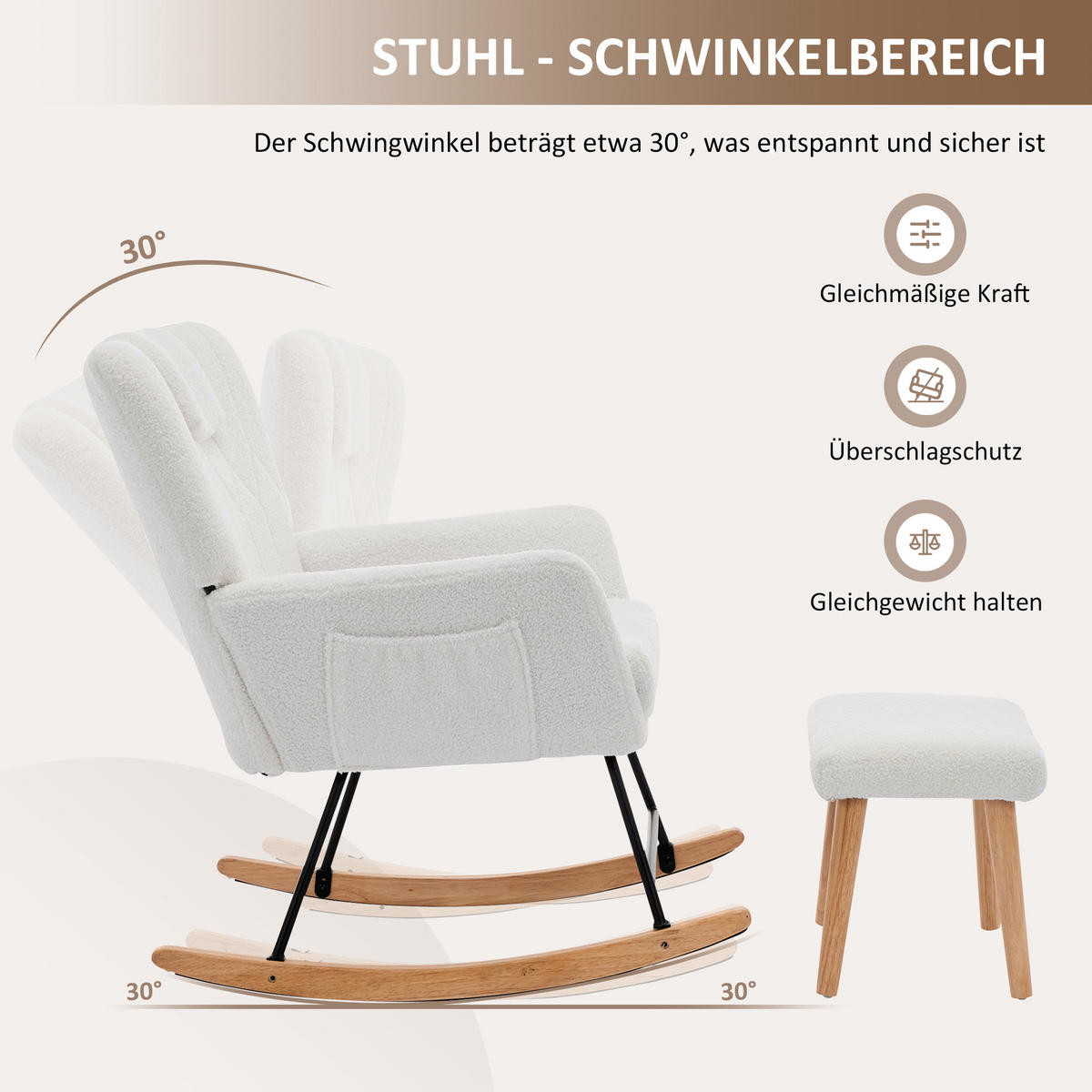 SCHAUKELSTUHL Weiß Teddy mit Fußhocker & Holzrahmen 30° Schaukelfunktion - Beige/Sonoma Eiche, Holzwerkstoff/Buchenholz (65/87/88cm) - Urban Meuble