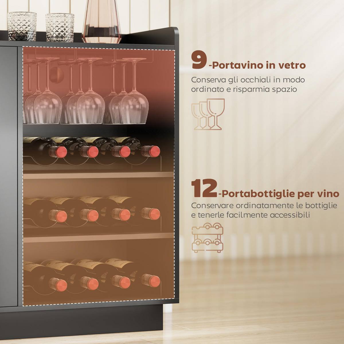 WEINREGAL, LED, verstellbarer Boden, Holz/Glas, schwarz, 120x38x88cm - Multicolor, Metall (120/88/38cm) - FORIOUS
