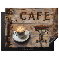 HERDABDECKPLATTE Cafe - Holz - Kaffee - Regale Induktionsmatte 71x52 cm - Schwarz, Kunststoff (71/52/0.2cm) - MuchoWow