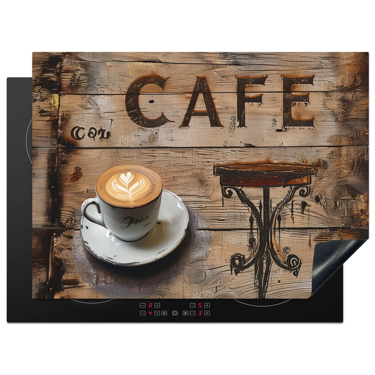 HERDABDECKPLATTE Cafe - Holz - Kaffee - Regale Induktionsmatte 71x52 cm - Schwarz, Kunststoff (71/52/0.2cm) - MuchoWow