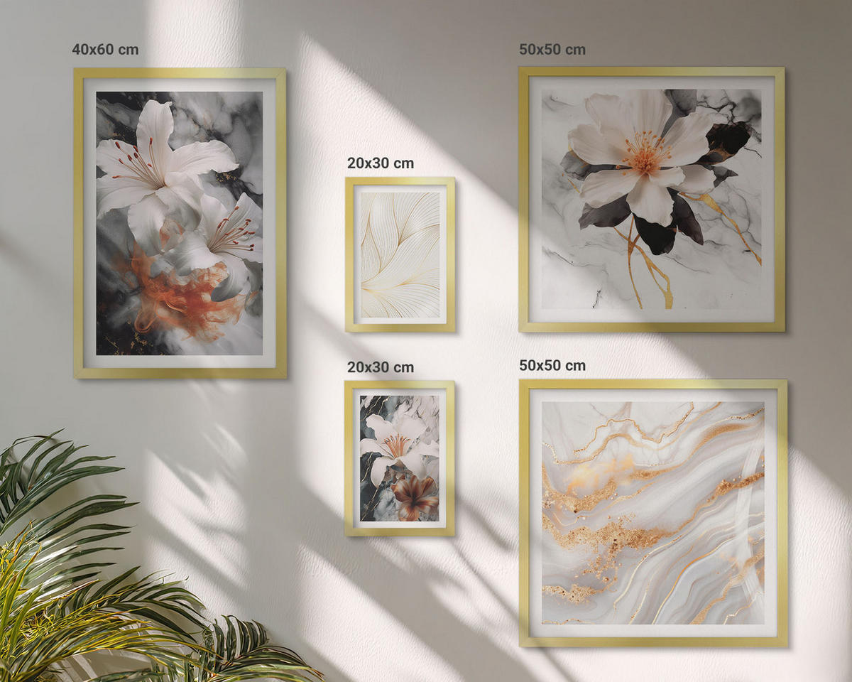 WANDBILDER 5er Set - 50x50 cm & 20x30 cm & 40x60 cm Goldrahmen - Blumen Marmor weiß schwarz - Goldfarben, Kunststoff (40/60cm) - ArtPrintCave