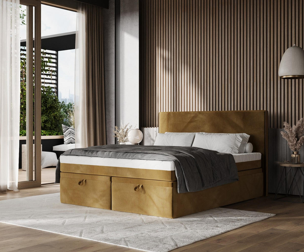 BOXBETT Zalla 180/200 cm Honiggelb im Kronos Stoff - Schwarz/Honig, Holz/Holzwerkstoff (180/200cm) - AltaBeds