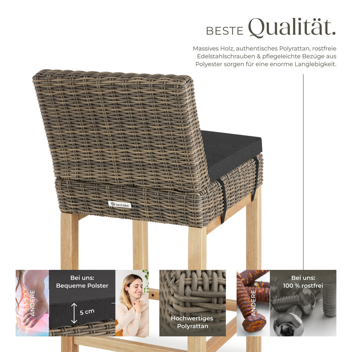 RATTAN-BARSTUHL Latina,inklusive Sitzpolster, 45 x 62,5 x 99 cm,natur - Naturfarben, Kunststoff (45/99/62.5cm) - tectake