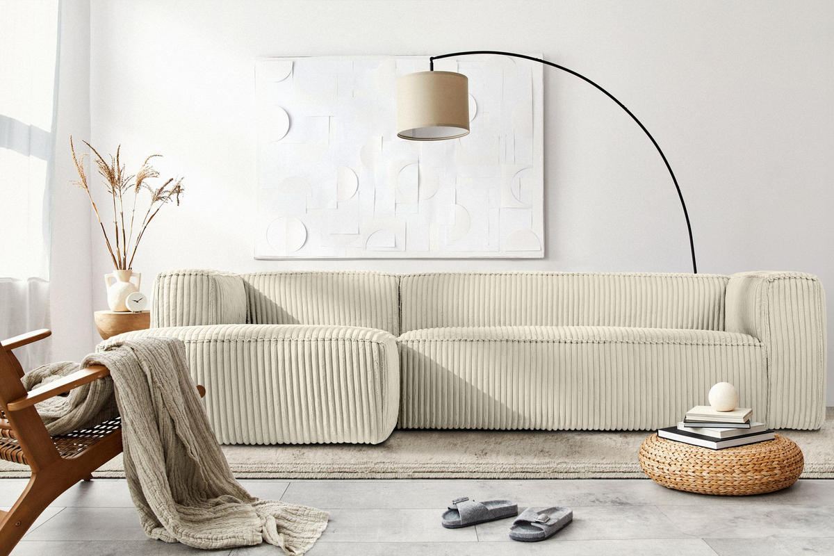 ECKSOFA-LINKS FEROX Modern, Cord-Stoff, cremefarben - Creme, Textil (305/175cm) - KONSIMO®
