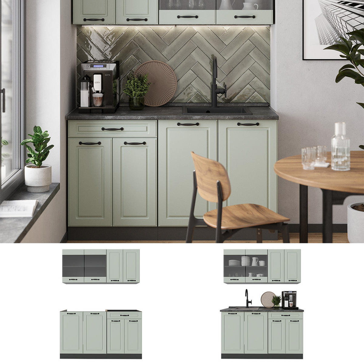SINGLEKÜCHE R-Line, Mint Landhaus/Anthrazit, 140 cm Arbeitsplatte Goldkraft Eiche - Anthrazit/Grün, Holzwerkstoff (140/81.6/60cm) - Vicco