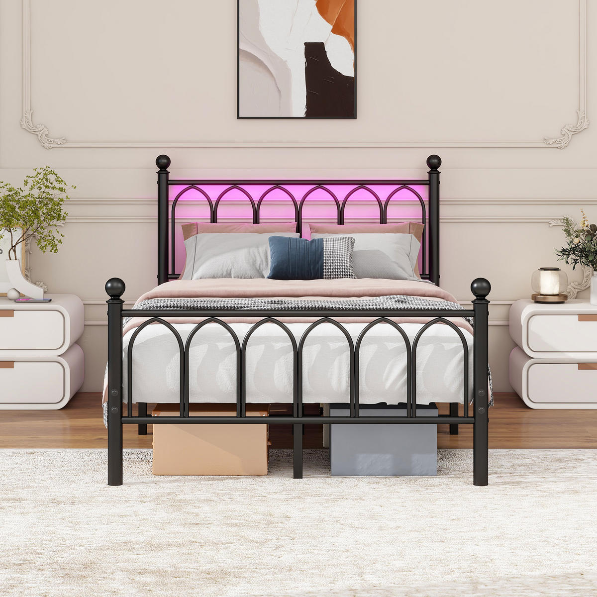 METALLBETT 120x200 cm LED USB schwarz - Schwarz, Metall (120/200cm) - LEBENLANG