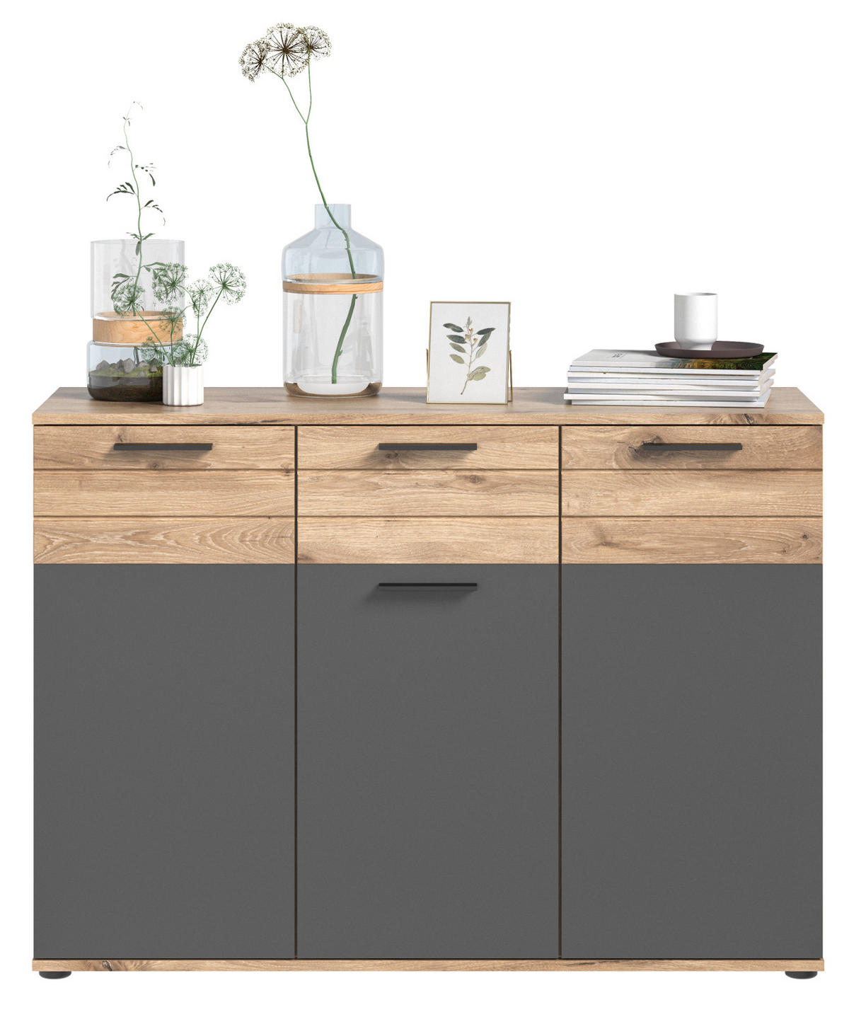 KOMMODE Eiche, grau 120 cm, Sideboard mit Soft-Close, Wohn- und Esszimmermöbel - Eichefarben/Schwarz, Holzwerkstoff/Kunststoff (120/87/40cm) - Inn.Furn