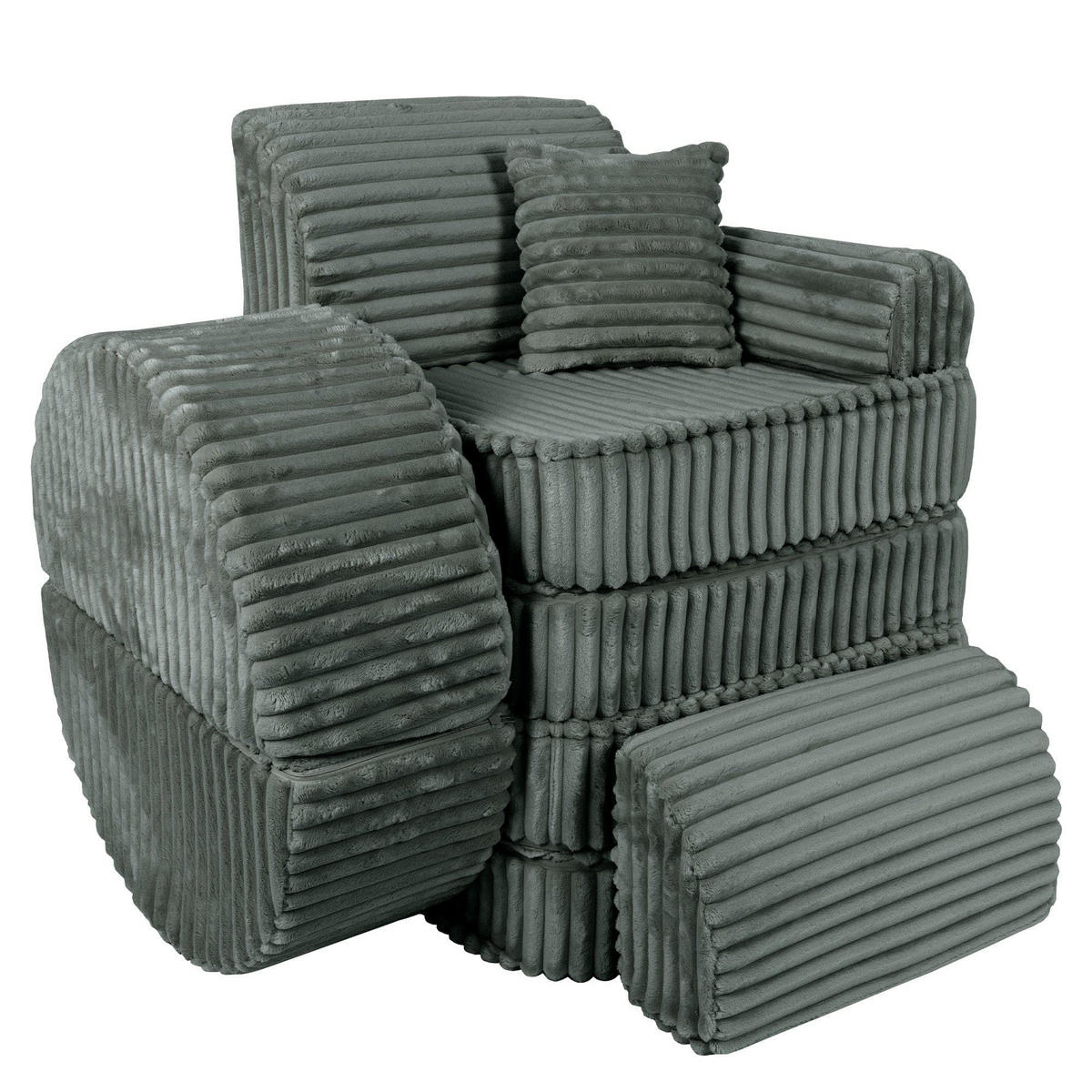 KINDERSOFA Pocket Max modular 12-tlg. aus Plüschcord in Waldgrün - Dunkelgrün, Textil (120/25/60cm) - MeowBaby