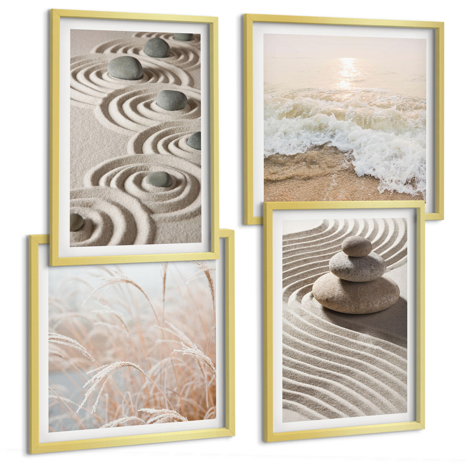 BILDER SET 4er Set - 50x50 cm & 40x60 cm Goldrahmen - Wellen, Sand, Wasser, Steine, Strand - Goldfarben, Kunststoff (50/50cm) - TULUP
