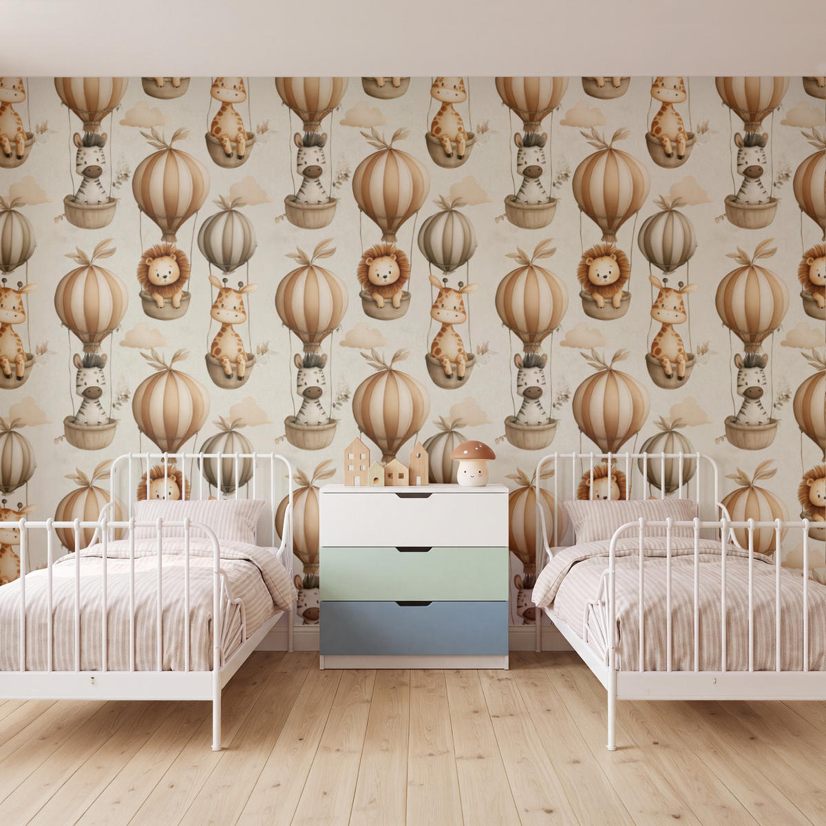 KINDERTAPETE - Safari - Heißluftballons - Taupe - 400x260 cm - Beige, Papier (400/260cm) - OnlyWow