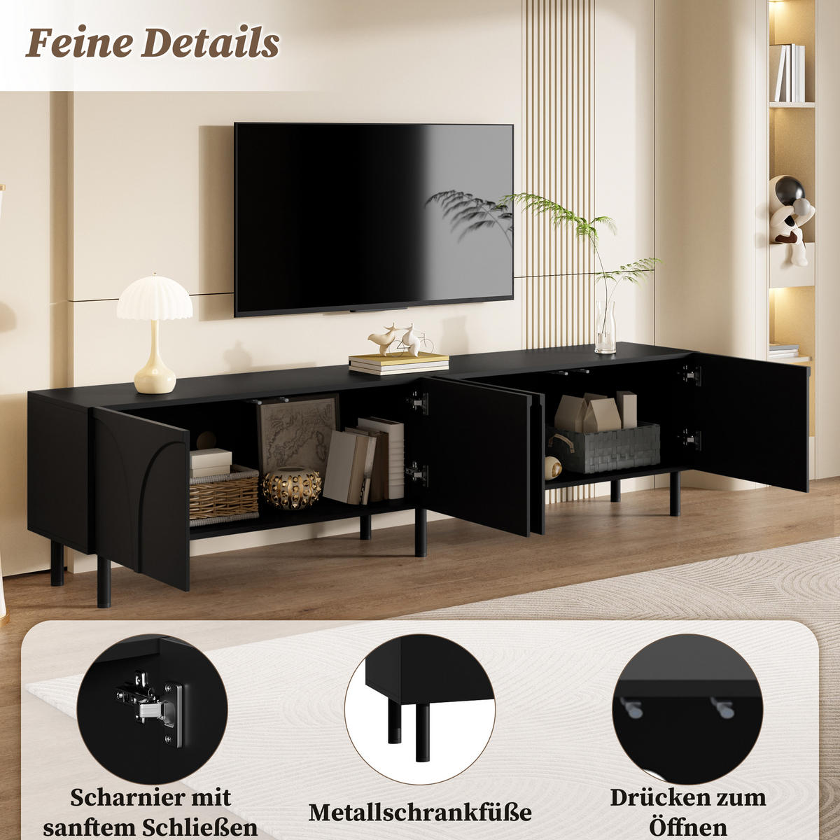 TV-SCHRANK Lowboard 4 Türen Metallfüße modern Stauraum - Schwarz, Holzwerkstoff (35/49/180cm) - FLIEKS