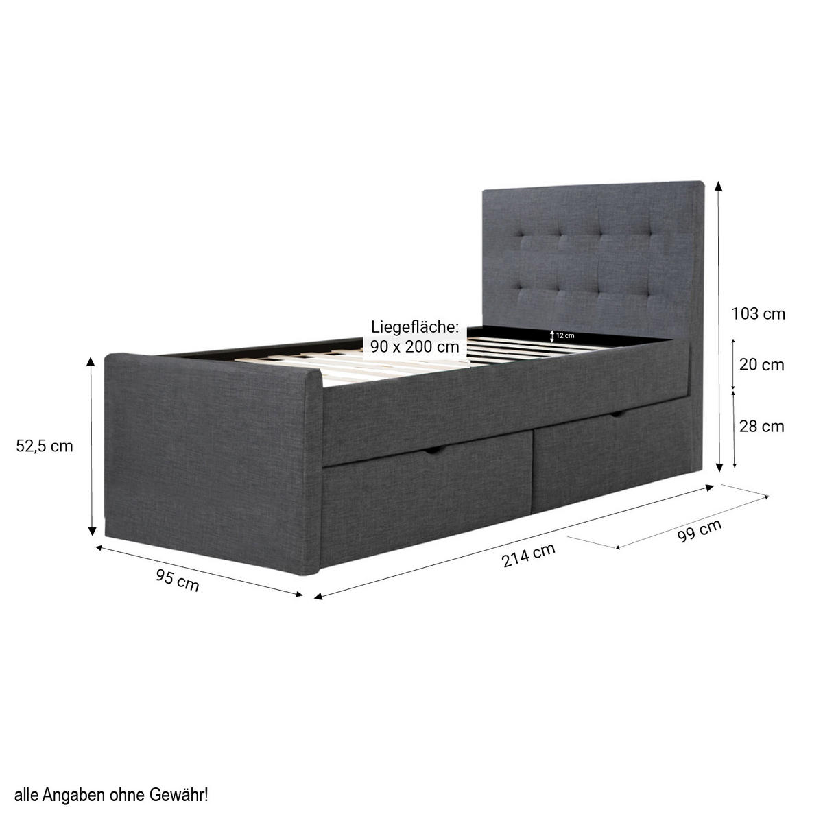 POLSTERBETT mit Lattenrost 90/200 cm in Anthrazit - Anthrazit/Grau, Textil (90/200cm) - Homestyle4u