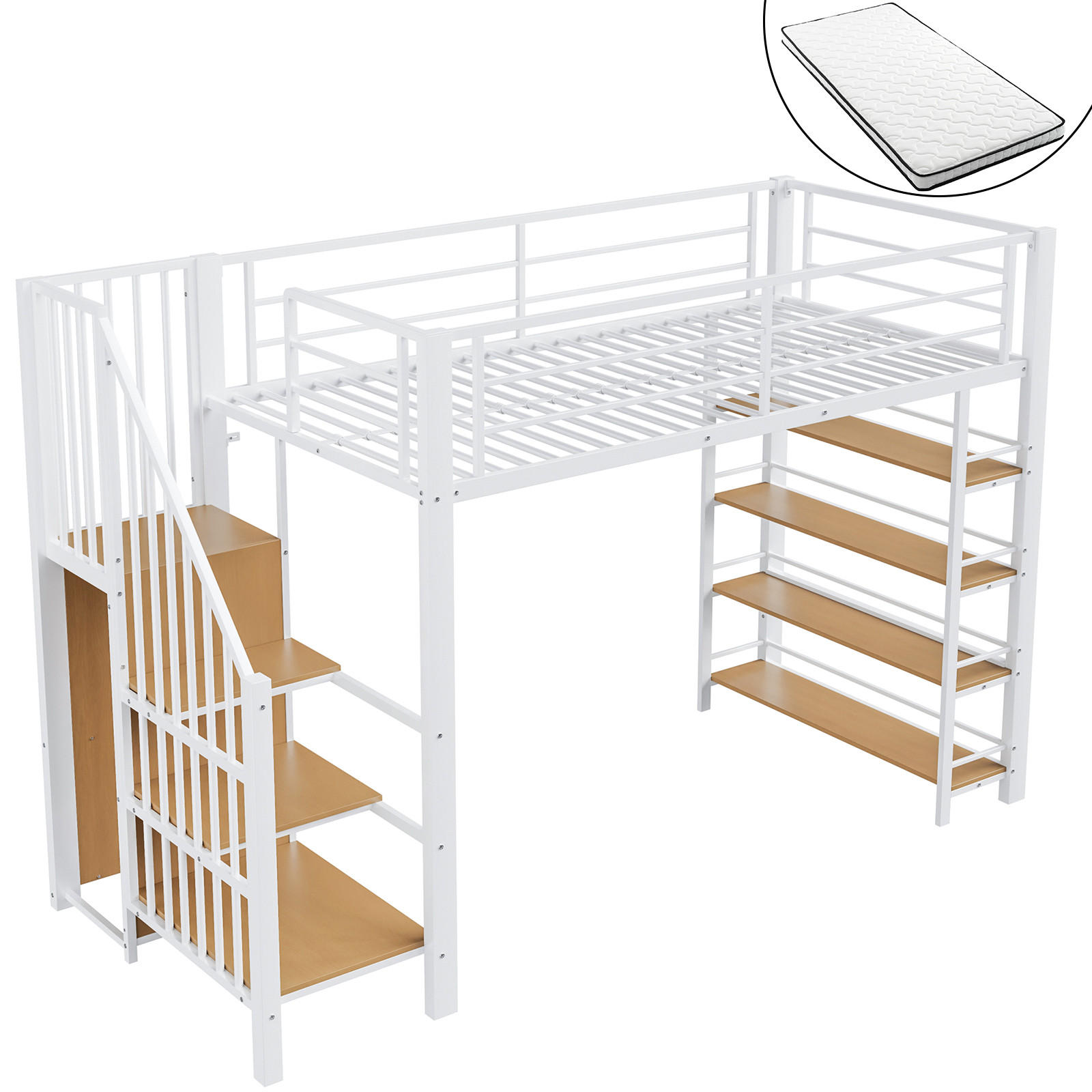 HOCHBETT 90/200 cm Weiß mit Sicherheitstreppe und Stauraum mit Matratze - Weiß, Metall (90/200cm) - OKWISH
