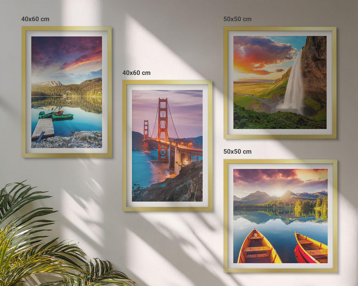 BILDER SET 4er Set - 50x50 cm & 40x60 cm Goldrahmen - Bergseen, Boote, Brücken - Goldfarben, Kunststoff (50/50cm) - TULUP